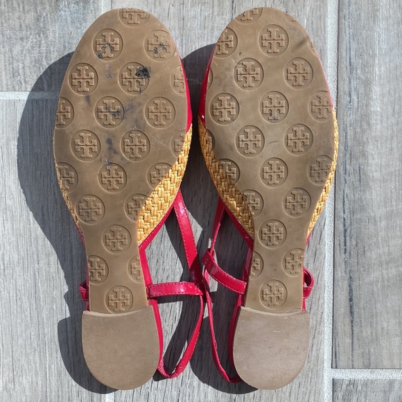 Tory Burch Orchid Pink Patent Leather/Tan Woven Straw Slingback Ballet Flats - Picture 5 of 5